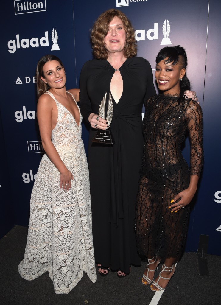 BEVERLY HILLS, CALIFORNIA - APRIL 02: (L-R) Actress Lea Michele, Producer-Director Lilly Wachowski and actress Keke Palmer attend the 27th Annual GLAAD Media Awards at the Beverly Hilton Hotel on April 2, 2016 in Beverly Hills, California. Jason Kempin/Getty Images for GLAAD/AFP