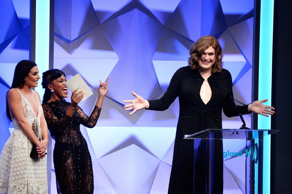BEVERLY HILLS, CALIFORNIA - APRIL 02: Producer/Director Lilly Wachowski (R) accepts award for Outstanding Drama Series with actresses Lea Michele (L) and Keke Palmer (C) onstage during the 27th Annual GLAAD Media Awards at the Beverly Hilton Hotel on April 2, 2016 in Beverly Hills, California. Frazer Harrison/Getty Images for GLAAD/AFP