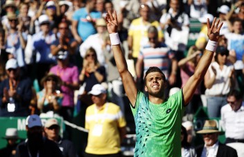 Czech Republic's Jiri Vesely celebrates after defeating Serbia's Novak Djokovic in their tennis match at the Monte-Carlo ATP Masters Series tournament, on April 13, 2016 in Monaco. AFP PHOTO / JEAN CHRISTOPHE MAGNENET / AFP PHOTO / Jean-Christophe MAGNENET