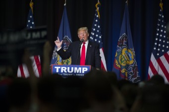 WEST CHESTER, PA - APRIL 25: Republican presidential candidate Donald Trump speaks at a campaign rally on April 25, 2016 at West Chester University in West Chester, Pennsylvania. Pennsylvania will vote in the primary election tomorrow April 26, 2016.   Jessica Kourkounis/Getty Images/AFP