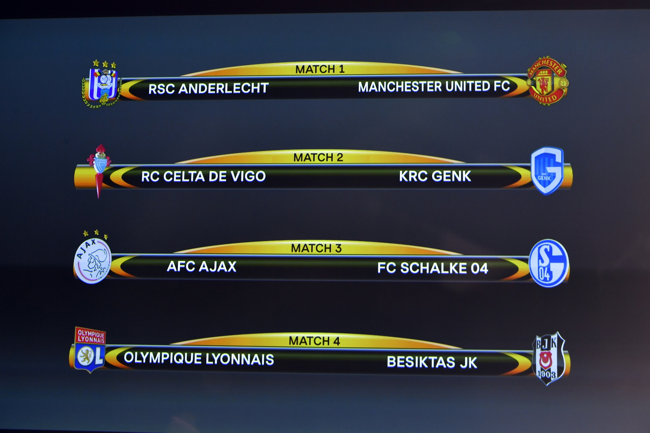 A screen displays the names of the clubs that will be facing each other during the quarter-final draw of the UEFA Europa League football tournament at the UEFA headquarters in Nyon on December 17, 2017. / AFP PHOTO / Fabrice COFFRINI